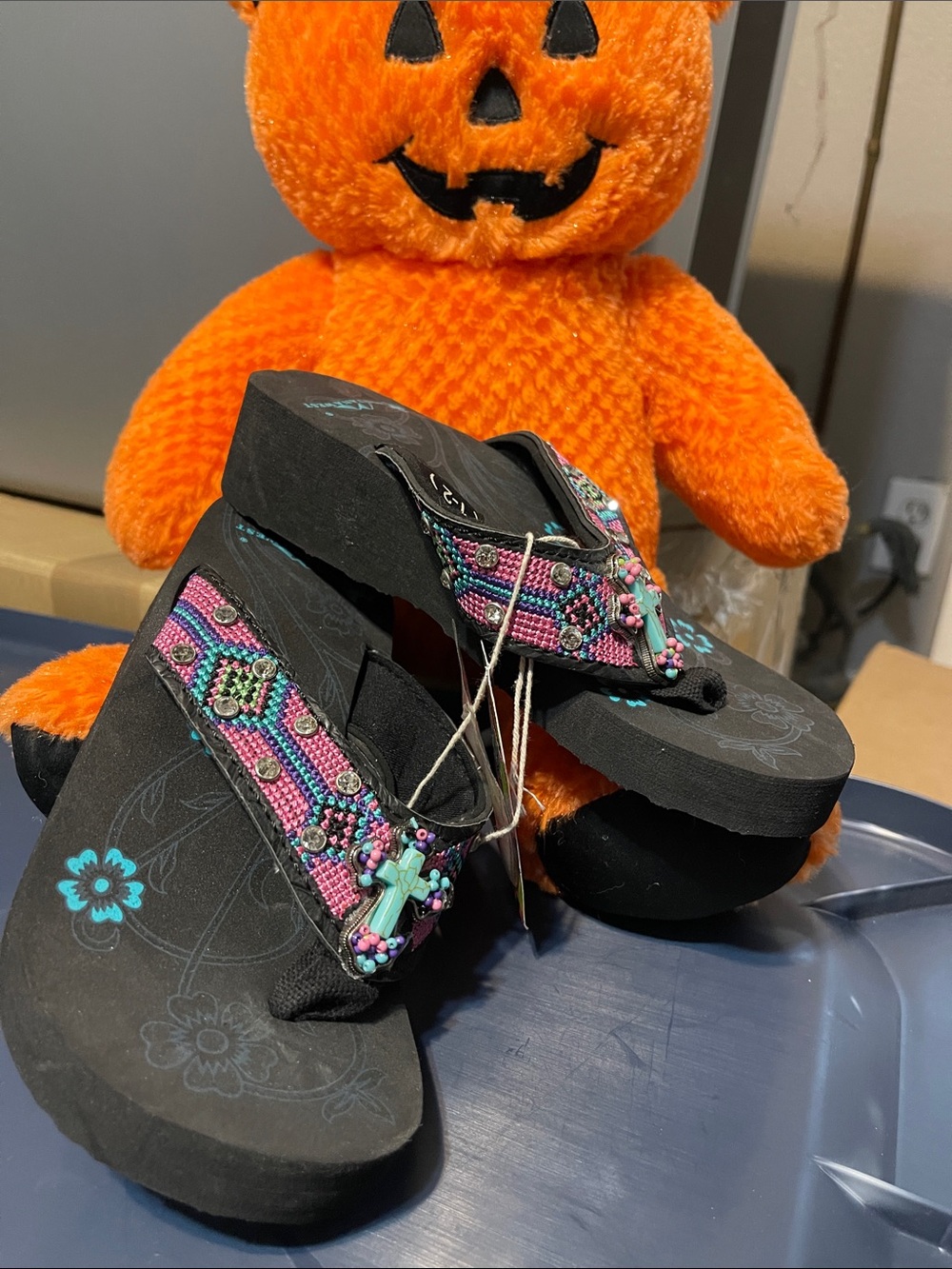 Montana West Black Flip Flop Sandals with Pink & Turquoise Beaded Straps